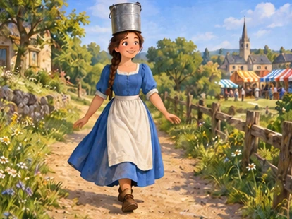 Milkmaid walking carefully with metal pail balanced on head.