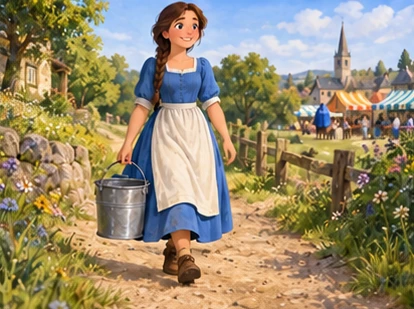 Milkmaid carrying pail by handle along country path.