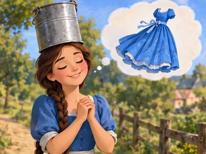 Milkmaid dreaming of dress colour while real pail remains on head.
