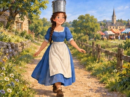 Milkmaid smiling on empty path with pail balanced.