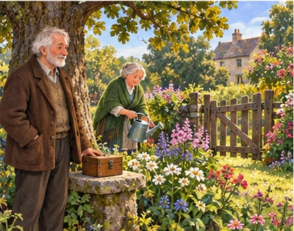Flowering garden and sound gate, gardener calmly beside oak.