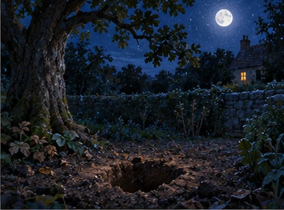 Disturbed soil lies beneath an oak in an empty garden at night.