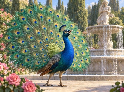 Peacock displaying tail beside classical garden fountain.