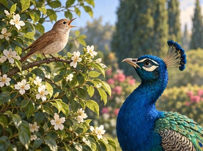 Small brown nightingale singing in bush while peacock listens.