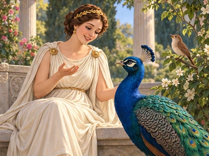 Juno speaking kindly to peacock, nightingale on nearby bush.