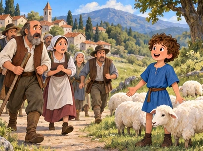 Villagers arriving worried, boy smiling beside unharmed sheep.