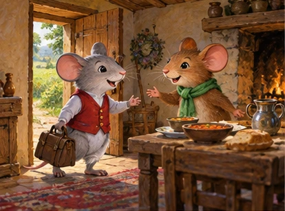 Grey town mouse visiting brown country mouse cottage with simple meal.