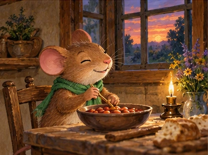 Country mouse eating beans peacefully beside evening cottage window.