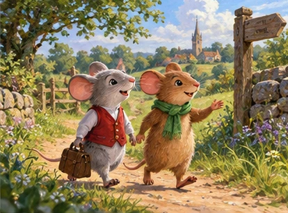 Mice setting off country path, brown mouse wearing green scarf.