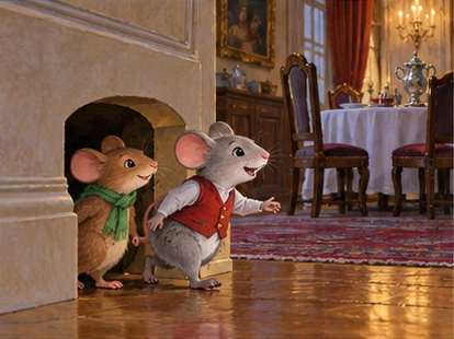 Mice entering grand dining room through low wall opening.