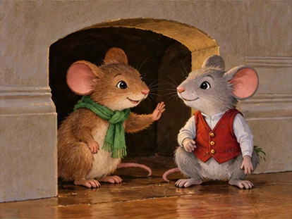 Country mouse shaking head gently to town mouse near safe opening.