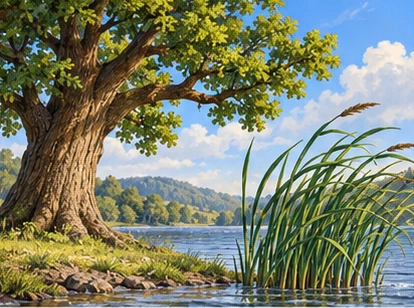 Oak branches upright while reed bends in mild breeze.