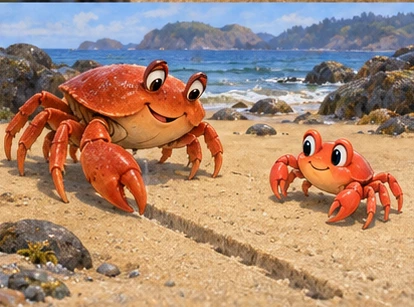 Mother crab aligning beside straight groove, child watching.