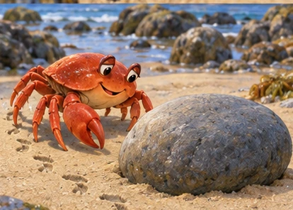 Mother and baby crabs walking safely sideways around smooth stone.