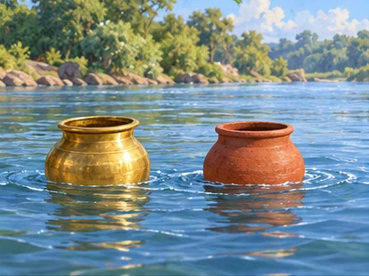 Rising water gently floating two empty upright pots.