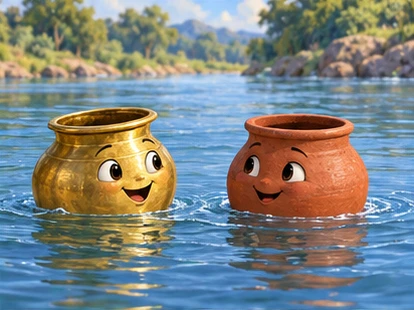 Two pots float beside one another with a gap between their rims.