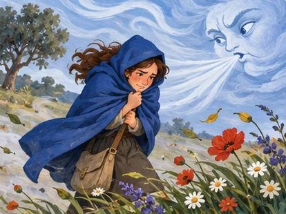 Wind bending flowers as traveller holds cloak closed.