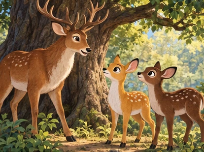 Golden Beauty and dark Brownie listen to their elder father beneath a forest tree.