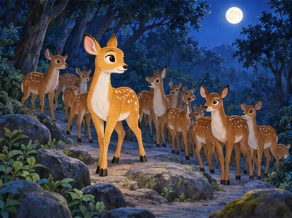 Beauty leads her complete herd safely through moonlit woodland.