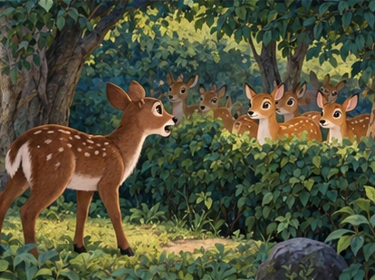 Brownie searches grove edges and calls to deer waiting safely behind a hedge.