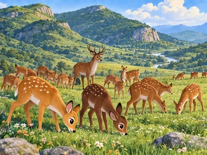 Both complete deer herds graze safely together in green high hills.