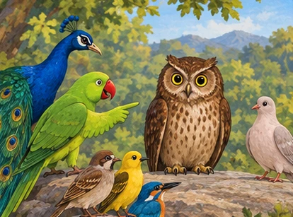 Peacock and parrot point toward a solemn brown owl at the gathering.