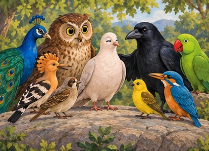 Birds choose the dove as meeting guide and gather calmly around her.