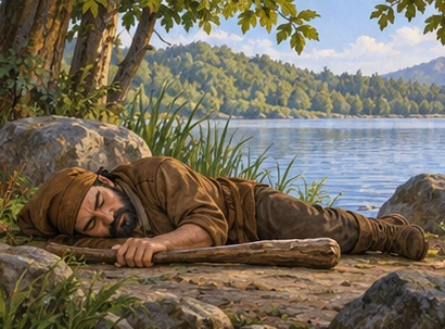 A brown-clad hunter lies still beside the lake holding a wooden club.