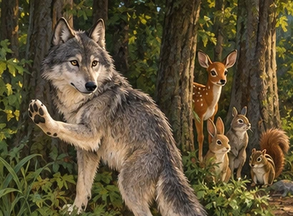 The wolf signals the animals to wait safely behind trees.