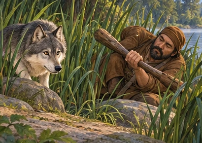 The wolf withdraws after the hunter reflexively pulls the club back.