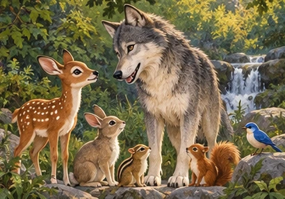 The wolf talks gently with his woodland friends beside the safe stream.