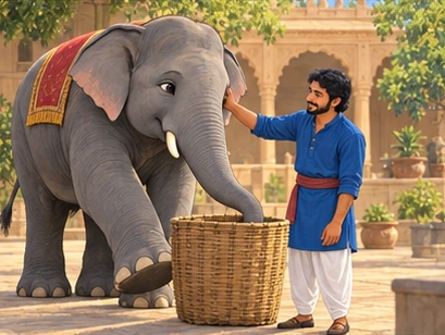 Komal carefully sets an empty basket upright and greets his keeper gently.