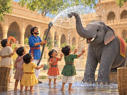 Komal and his keeper tidy the courtyard as children watch a gentle water spray.