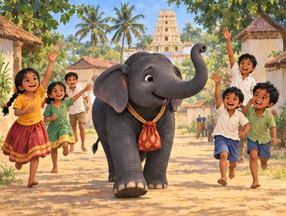 Children wave as Blackie returns to the village with the cloth pouch.