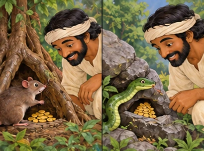 Snake and Rat show the man small caches of forgotten coins near their homes.