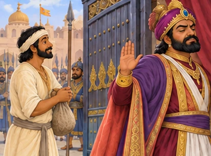 The kind man waits outside the palace gate as the proud king turns away.