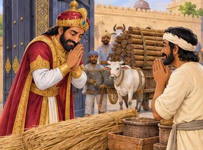 The king apologizes publicly and sends materials for repairing the riverside hut.