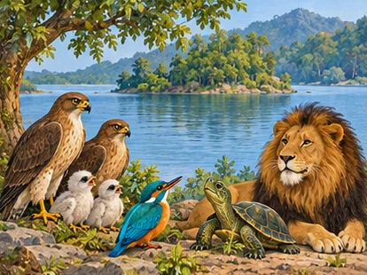 The four kinds of friends gather peacefully near the lake island.