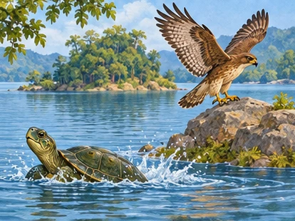 Turtle slides safely into the lake as Father Hawk prepares to seek Lion.