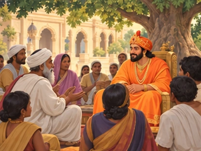 Mallika listens calmly to villagers beneath a palace courtyard tree.