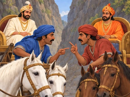 The two drivers argue while their horses remain calmly halted.