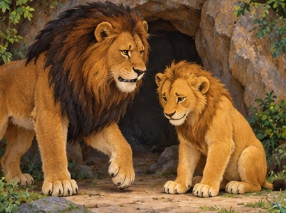 The father speaks firmly to his son outside the woodland den.