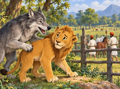 The wolf pressures the hesitant young lion near the pasture path.