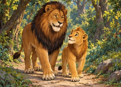 Father and son walk peacefully along a forest path away from the pasture.
