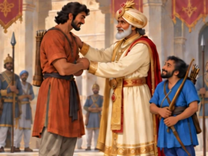 The king welcomes the tall partner while the short archer stands with equipment.