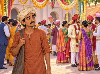 Rust-clad Harisarman stands overlooked at the edge of a busy wedding courtyard.
