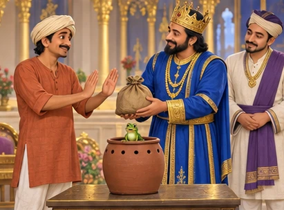 Harisarman stands honestly before the king, declining a reward as the open frog jar rests nearby.
