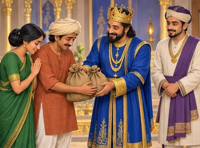Harisarman returns reward bags and confesses beside Jihva in the palace courtyard.