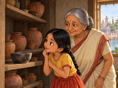 Meera and her grandmother beside shelves of pots and a dark old bowl.