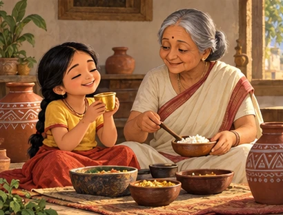 Meera and Grandmother share a peaceful meal with new pots and the little cup.
